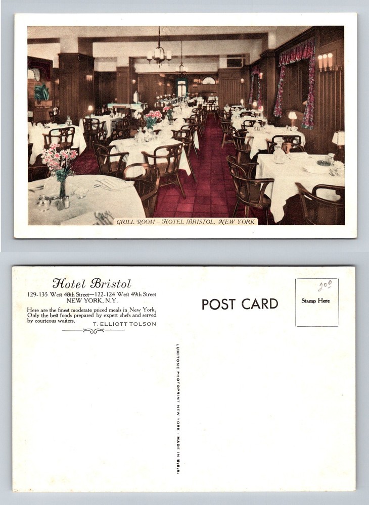 New York City NY, Hotel Bristol Grill Room Dining Interior Vintage Postcard