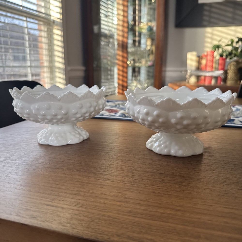 Pair 2 Vintage Fenton White Milk Glass Hobnail Candle Holder Ruffled Centerpiece