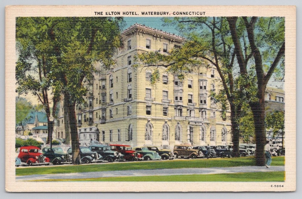 Elton Hotel Waterbury CT Vintage Postcard 1930s Cars Connecticut