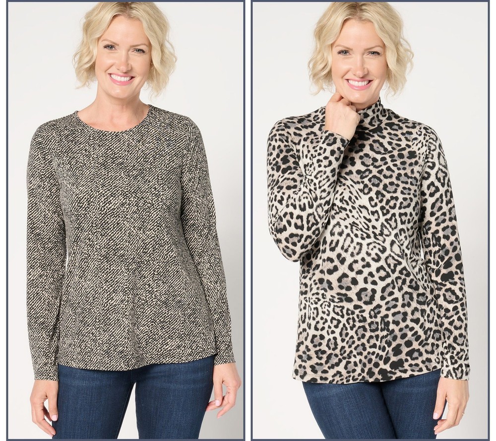 Susan Graver Women's Top Plus Sz 1X Printed Liquid Knit Long Sleeve Gray A667483