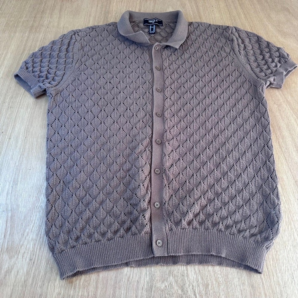 Forever 21 Men’s Taupe 100% Cotton Knit Button Front Short Sleeve Sweater XXL