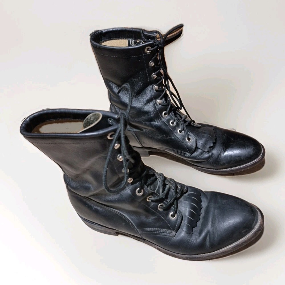 Justin Men's 9D Black Leather Lace-Up Hiram Kiltie Western Roper Boots 506
