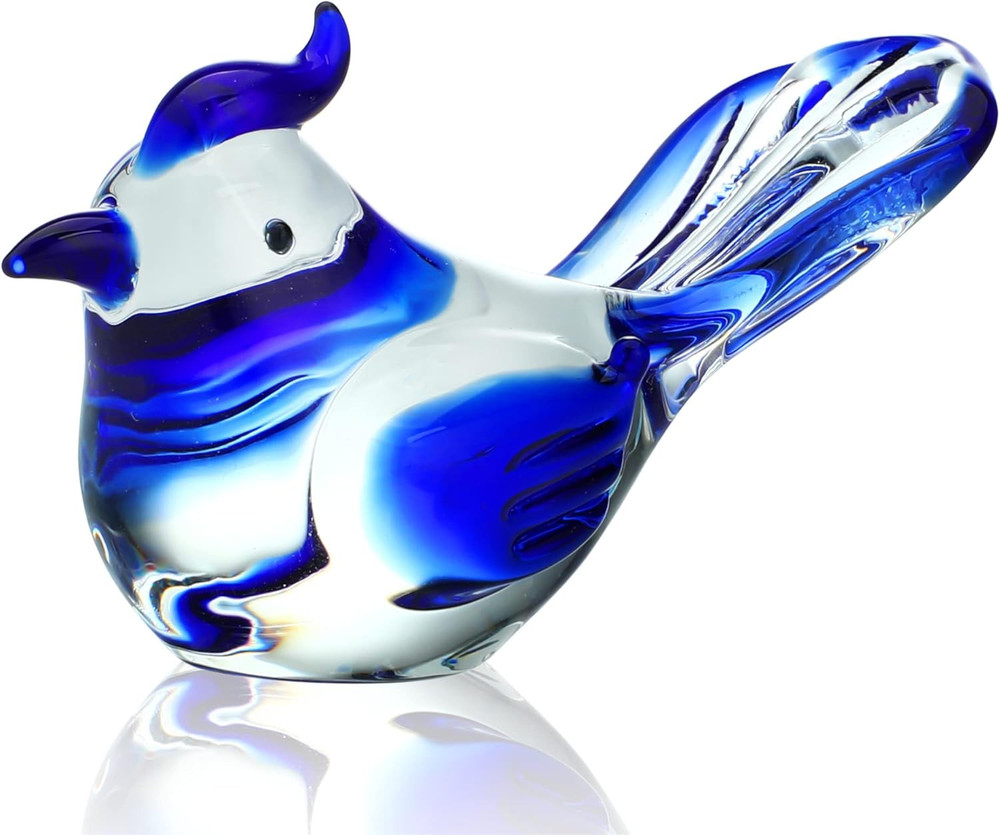3.5Inch Mini Blown Glass Bird Figurines Collectibles Small Blue Jay Statue Ornam