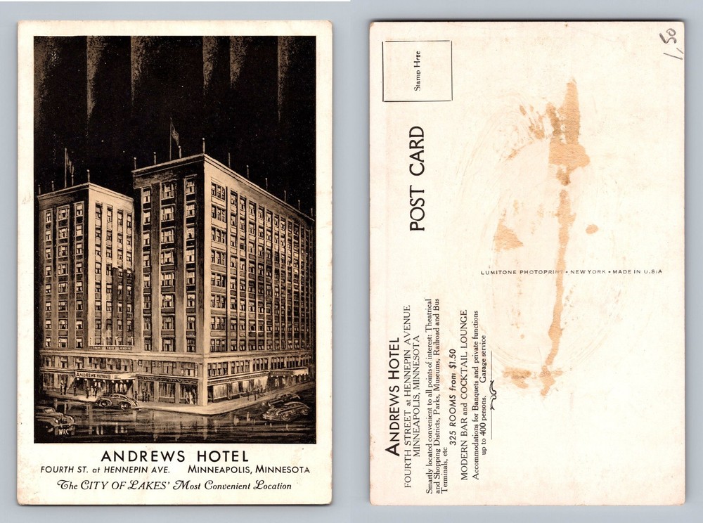 Minneapolis, MN-Minnesota, Andrews Hotel Scene PC Old Vintage Postcard
