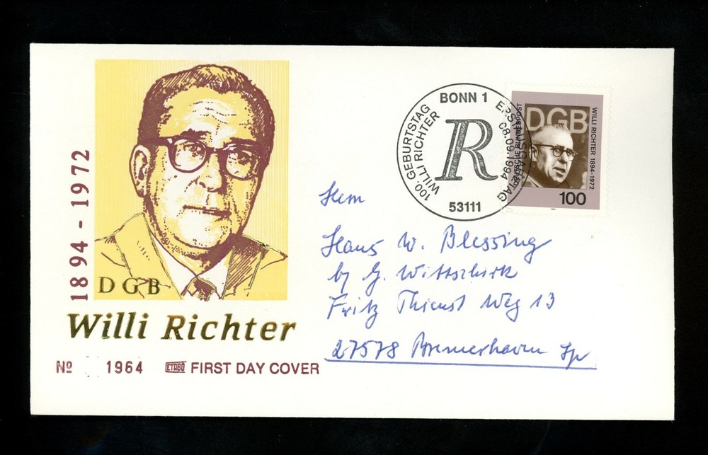 Postal History Germany FDC #1868 Willi Richter labor politics 1994