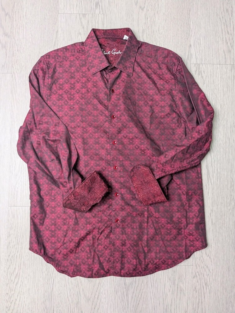 Robert Graham Men's L Button-Up Embroidered Flip Cuff Maroon/Red
