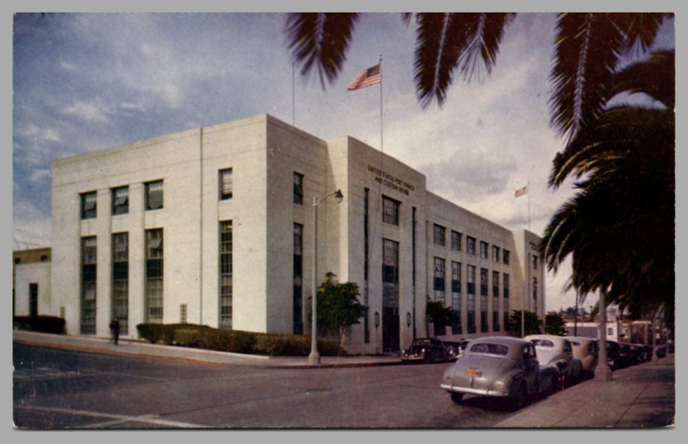 U.S. Post Office San Pedro California Street View c1950 Cars Chrome UNP Postcard