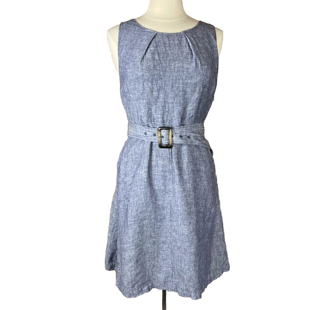 TAHARI (Size 6) Blue 100% Linen Chambray Sleeveless Belted Dress Lined