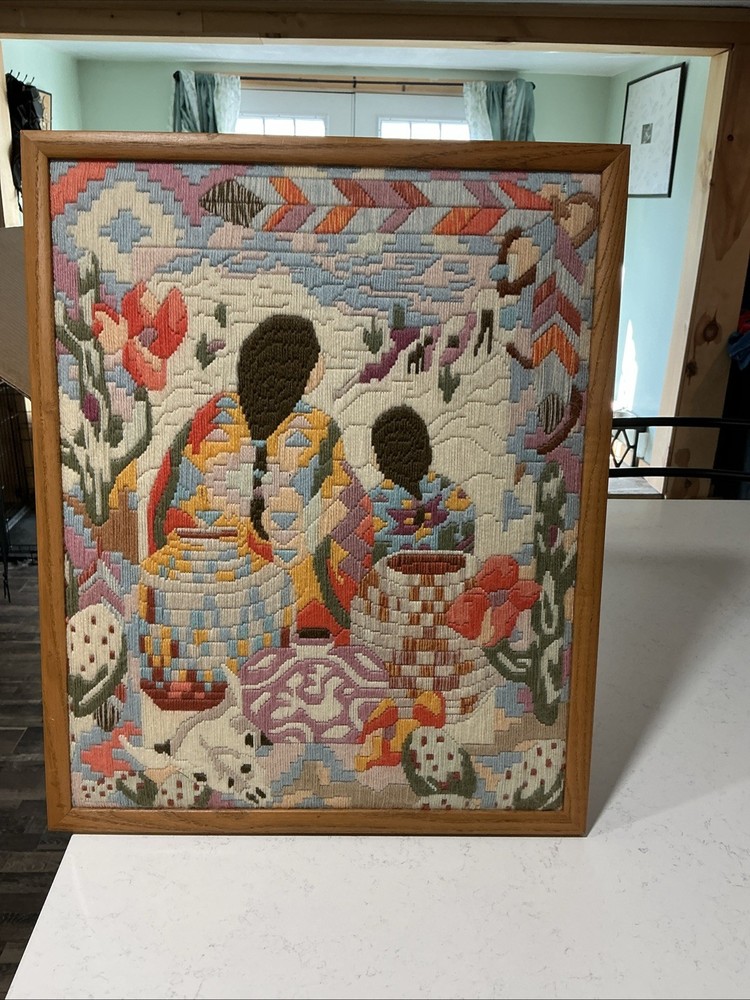 Vintage Framed Southwestern Needlepoint Wall Art Textile Tapestry Pottery Boho