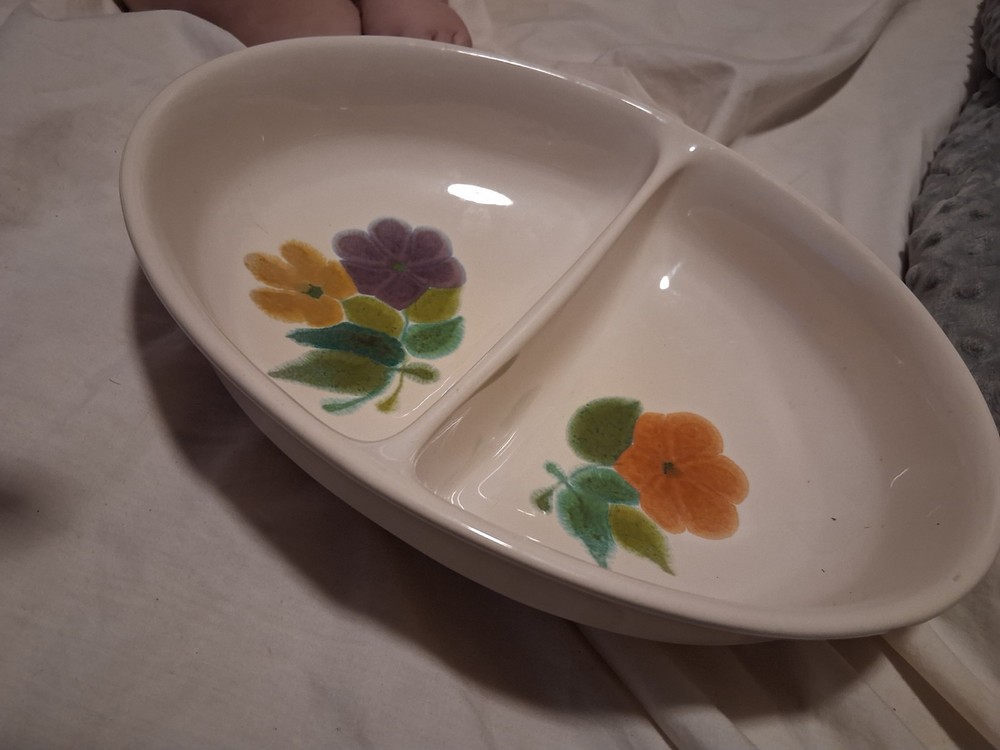 Vintage Franciscan Earthenware Divided Serving Dish Green Floral 10”x8”