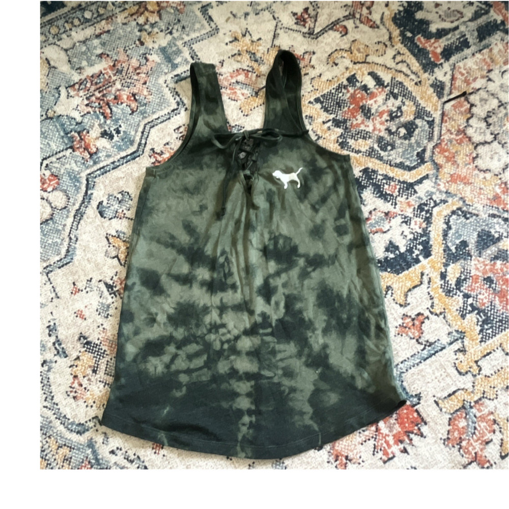 PINK Green/Black Tie-Dye V-Neck Lace-Up Knit Tank Top Women’s XS