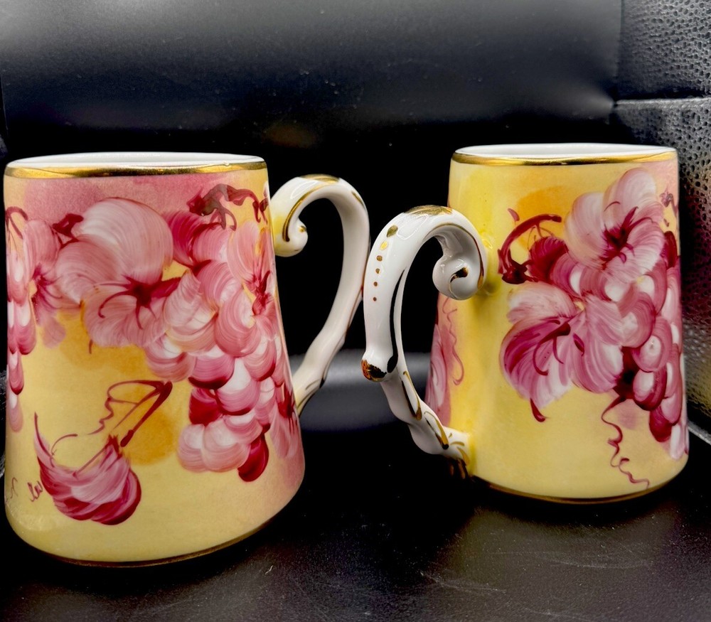 Vintage Beautiful Reproduction Limoges  Mugs Yellow Pink Grapes HandPainted Gold
