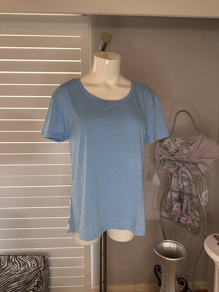 New Woman’s Coconut Creek  Blue White Striped Hi Lo Short Sleeve Shirt Top XL
