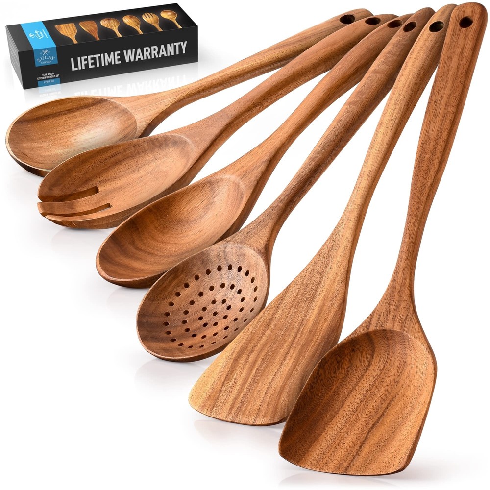 Zulay Kitchen 6-Piece Wooden Spoons for Cooking - Smooth Finish Teak Wooden U...