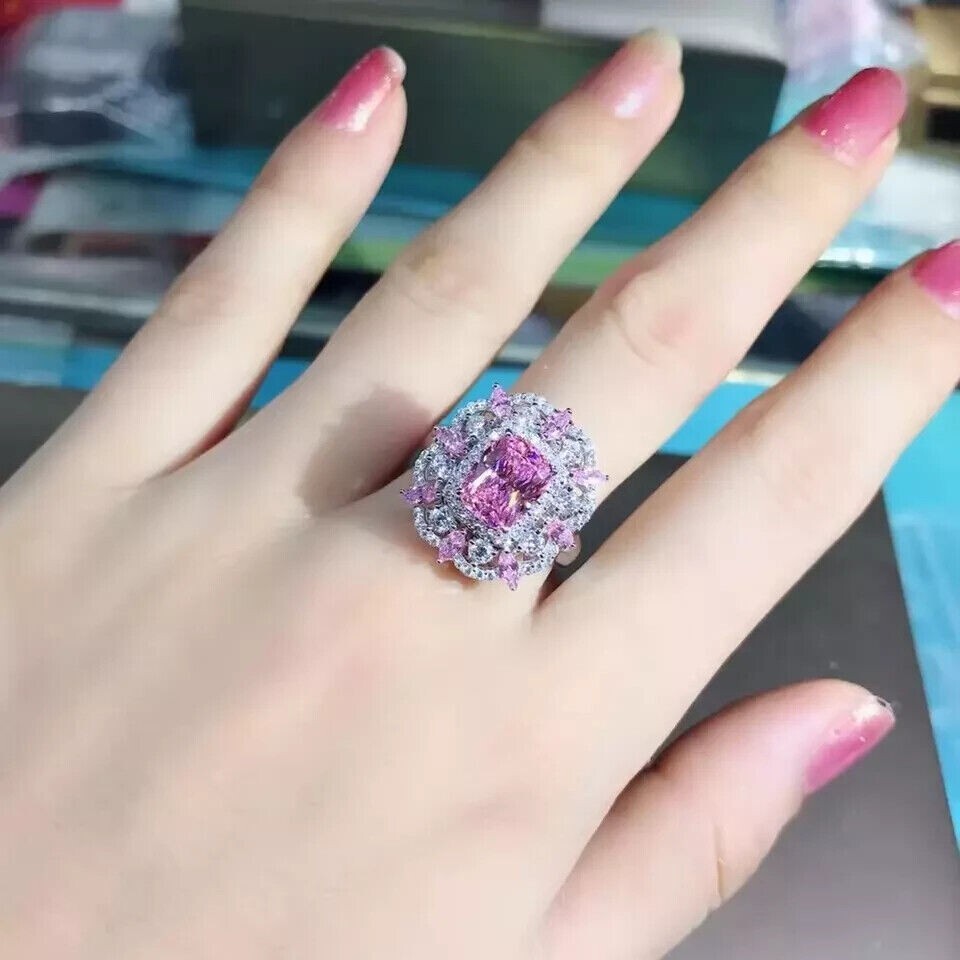 Cushion Cut Simulated Pink Sapphire Gorgeous Band Ring In 14k White Gold Plated