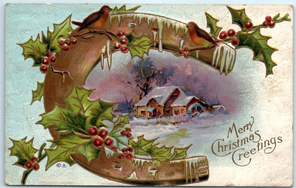 Postcard - Snow Scene with Holiday Art Print - Merry Christmas Greetings