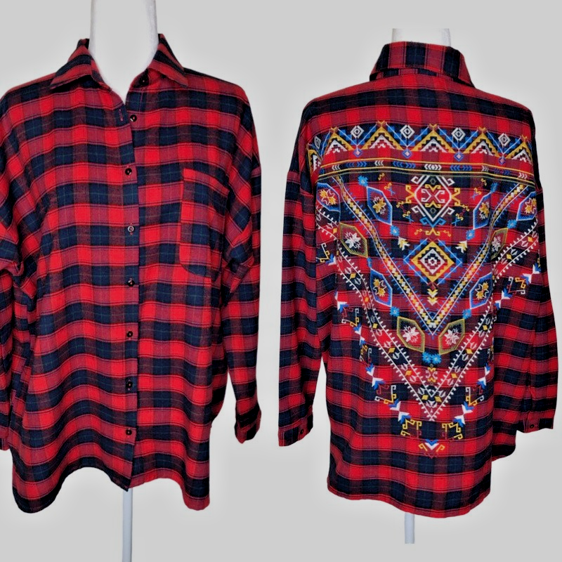Umgee Women's Embroidered Flannel Button Down Shirt Medium Aztec Plaid Western
