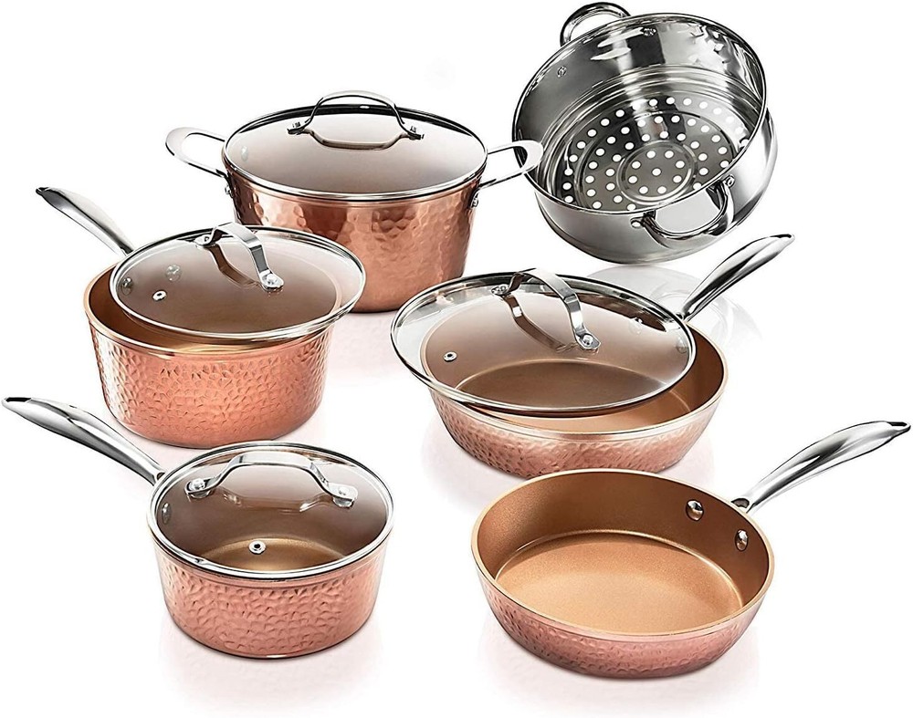 Hammered Copper 10 Pc Pots and Pans Set Non Stick Cookware Set, Non Toxic
