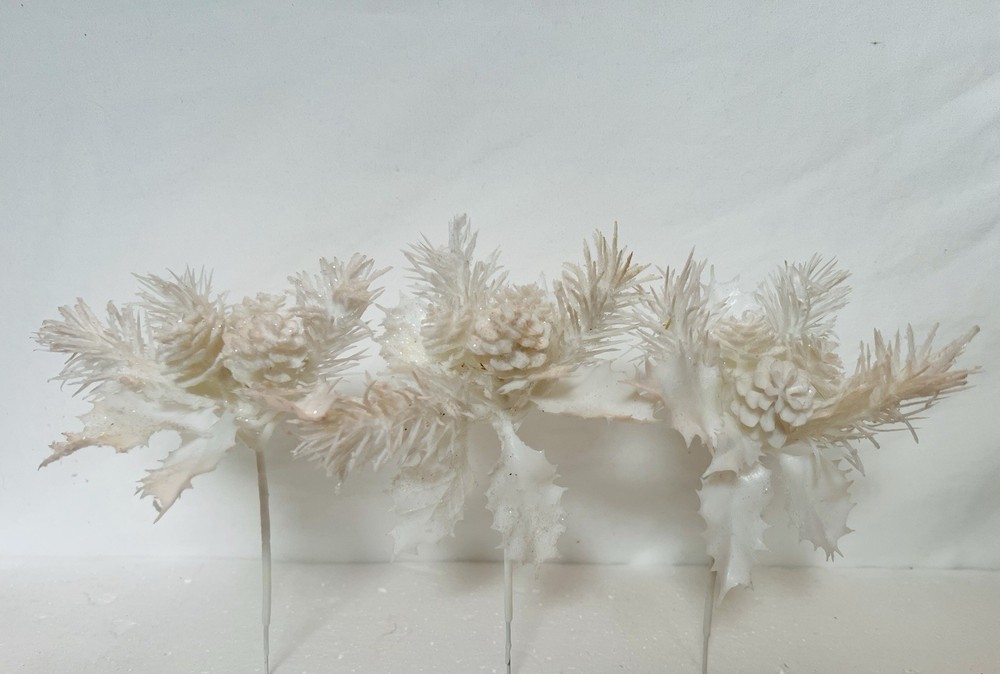Artificial White Pinecone Holly Floral Stems Plastic Flower Picks