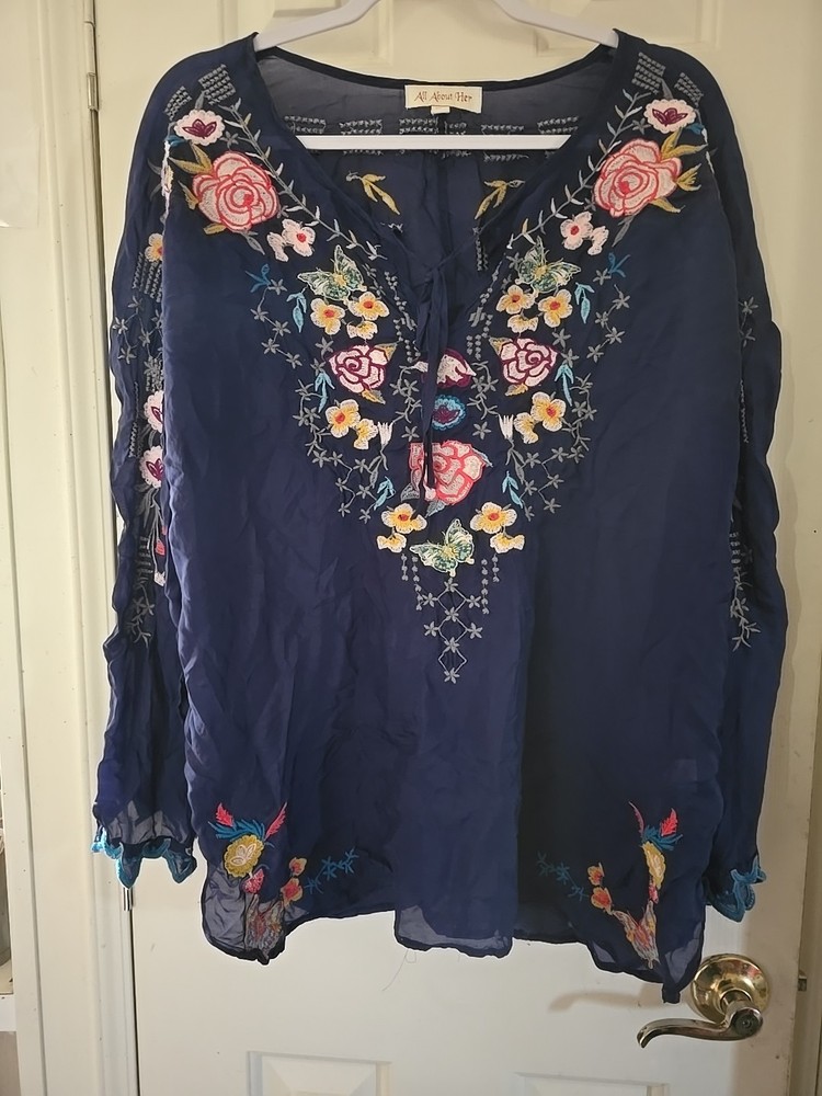 Ladies All About Her Blouse Blue Embroidered 100 Cupro