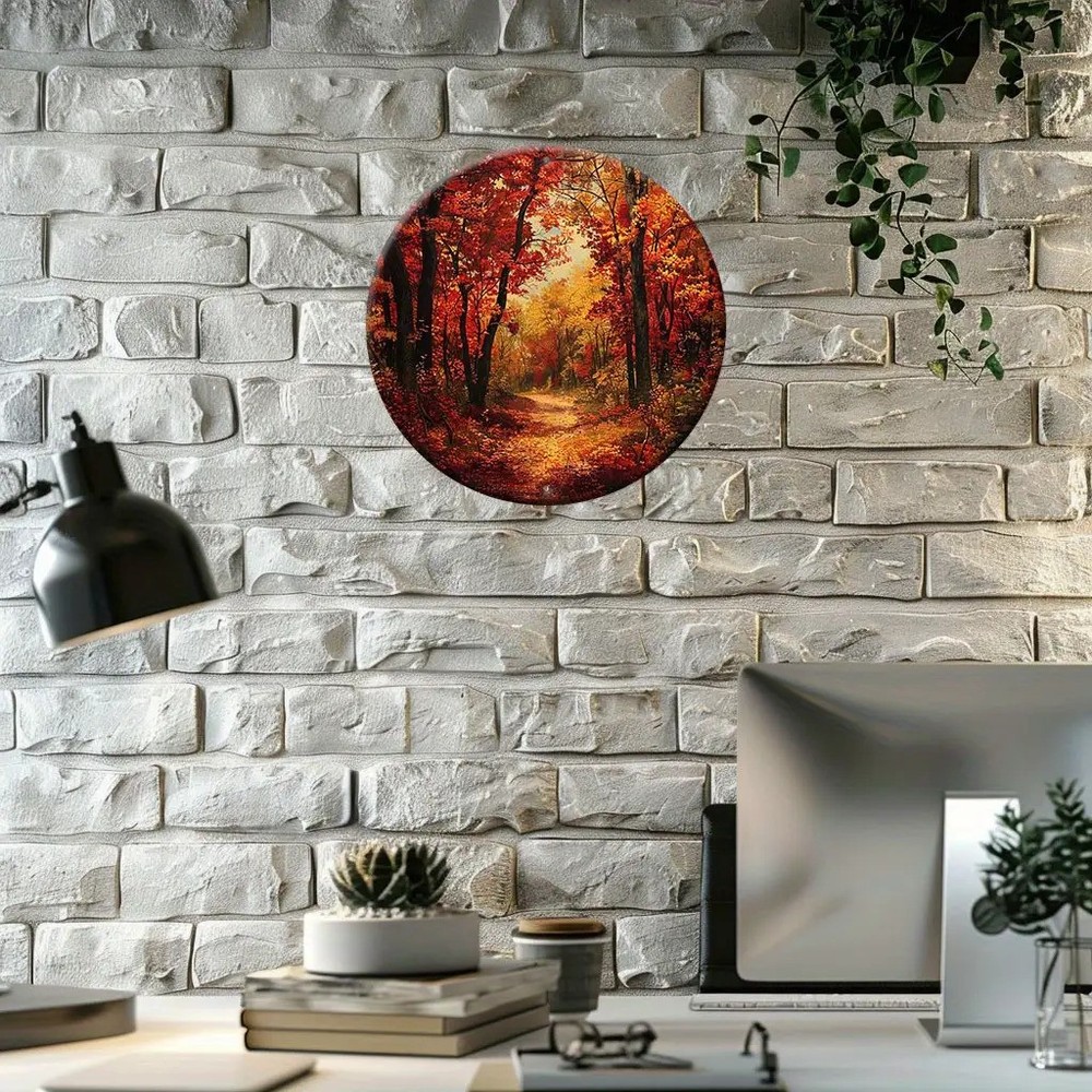 Autumn Forest Round Aluminum Sign Vibrant Fall Foliage Design