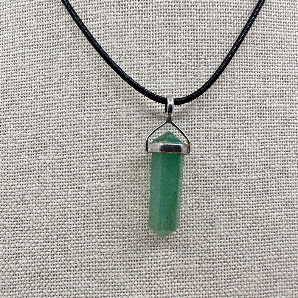 Vintage 90s Green Glass Point Pendant Necklace Black Cord Boho Minimalist Modern