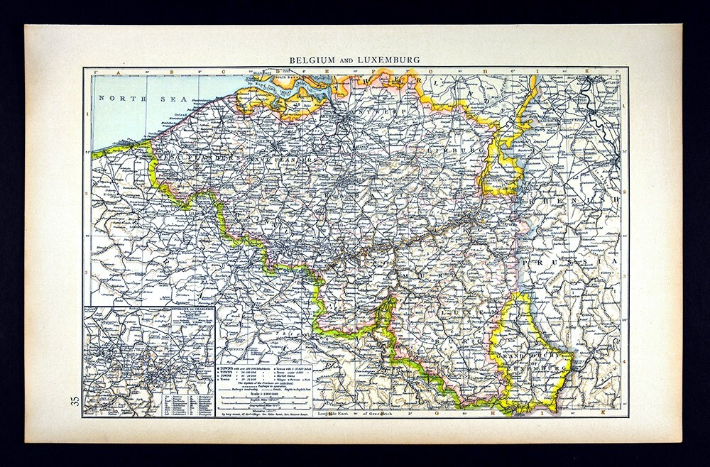 1900 Times Map Belgium & Luxembourg Brussels Ghent Antwerp Liege Charleroi Mons