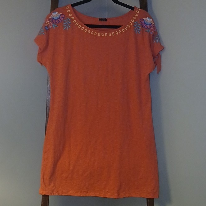 Talbot Women's Orange Floral Round Neck Embroidered Tie Sleeve Knit T-Shirt