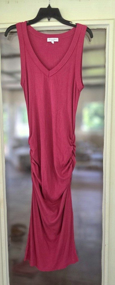 Michael Stars Women’s Pink Knit VNeck Ruched Sleeveless Midi bodycon Dress Large