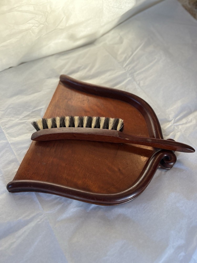 Antique Edwardian Wooden Brown Crumb Brush and Tray Set