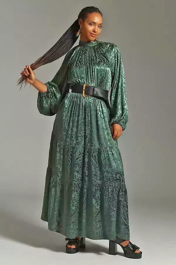 Anthropologie The Somerset Maxi Dress Mock-Neck Edition Size L Green P to P 17