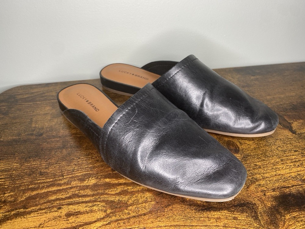 Lucky Brand Women’s Black Mule Slip On Flats Sz 10 Leather Loafers