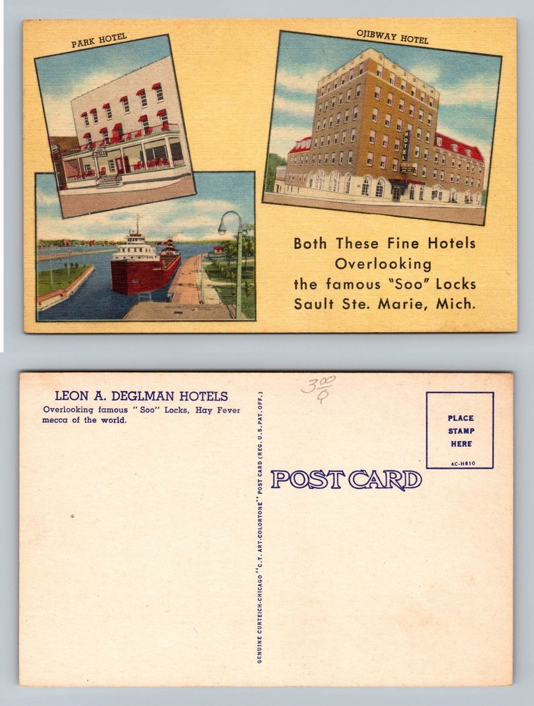 Sault Ste. Marie, MI-Michigan, Park & Ojibway Hotels View Vintage Postcard