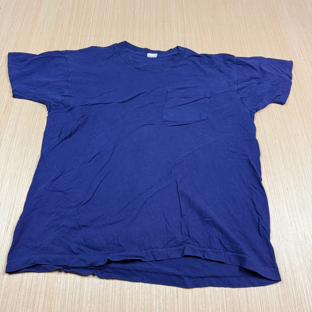 Vintage 80s Selvedge Pocket T Shirt Medium Navy Single Stitch Blank Soft