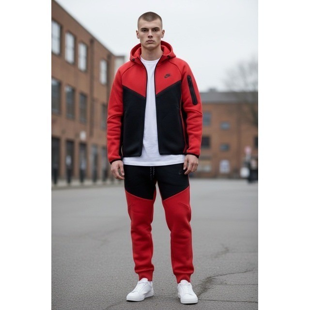 Nike Tech Tracksuit Full Set Red Black Full Zip Hoodie Jogger Pants Mens (M)