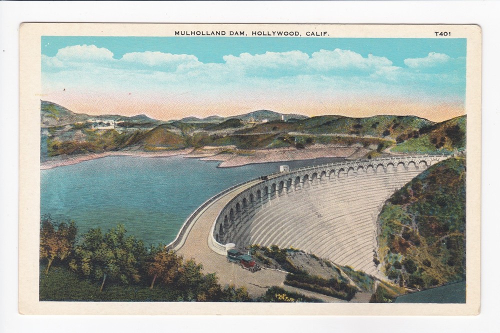 Mulholland Dam Hollywood California White Border Postcard