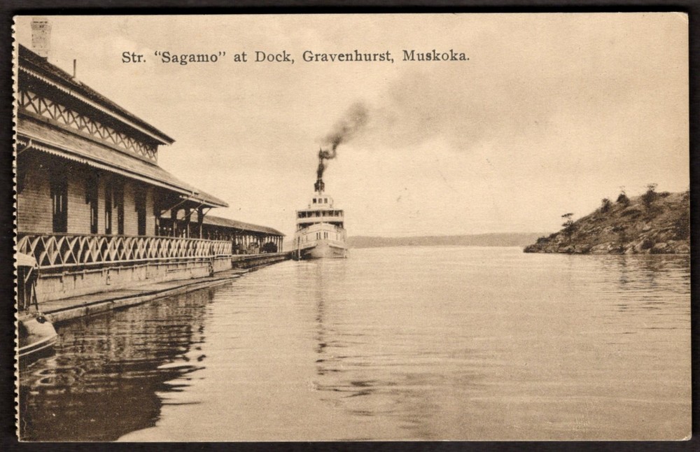 Canada GRAVENHURST Ontario Postcard 1910s Muskoka Steamer SAGAMO Dock by Leslie