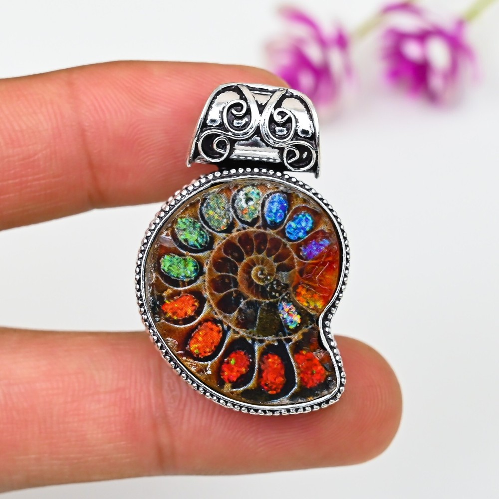 Ammonite Gemstone 925 Sterling Silver Statement Pendant Jewelry Birthday Gift