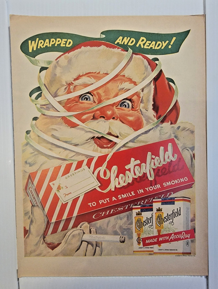 Vintage 1955 Chesterfield Cigarettes Santa Claus Christmas 11x14 ad