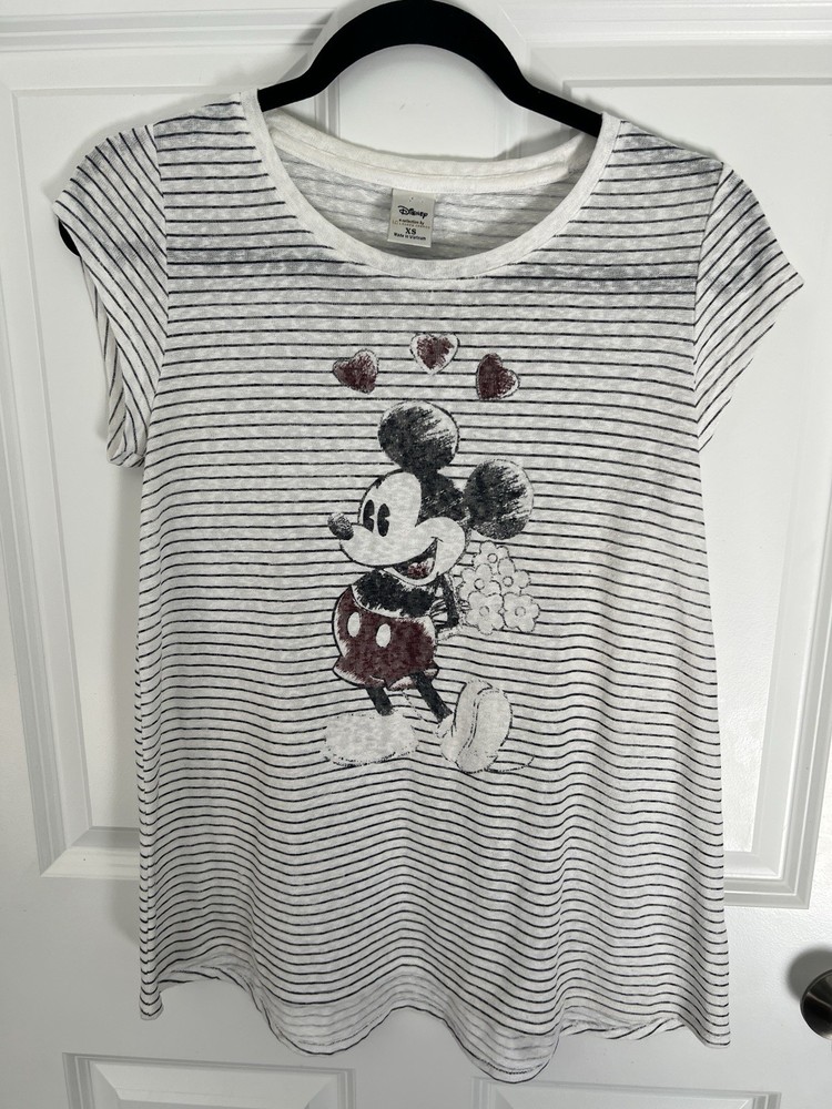 LC Lauren Conrad Disney Mickey Mouse Striped Graphic T-Shirt White Black XS