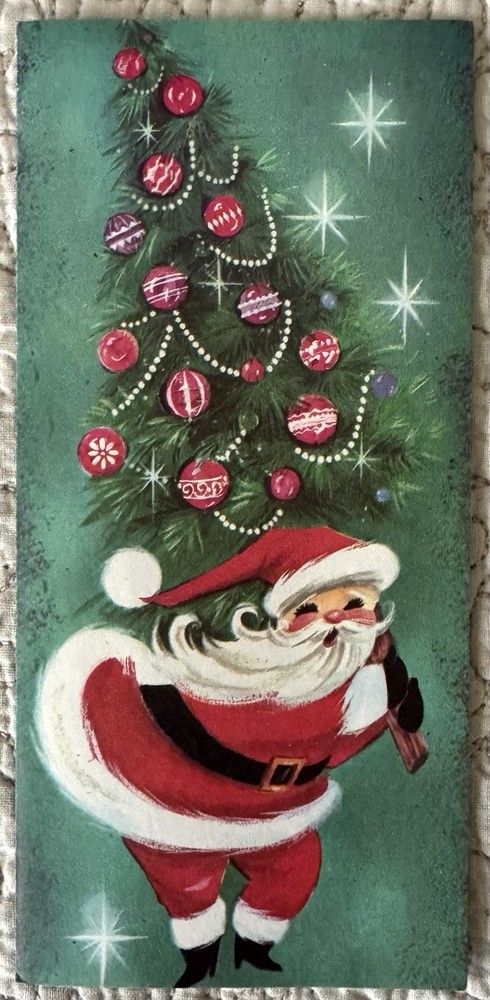 Unused Christmas Santa Carry Tree Ornaments Starburst Greeting Card 1950s 1960s