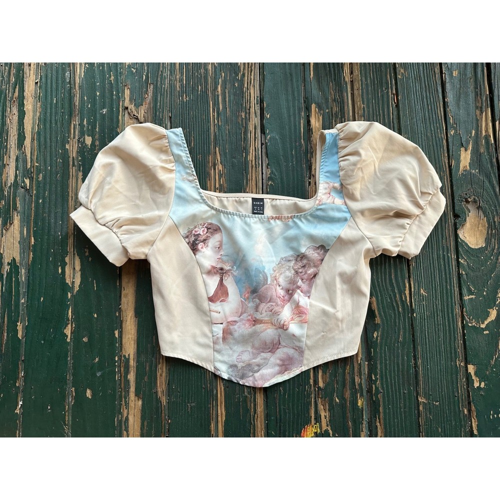 Shein Renaissance Cherub Graphic Puff Sleeve Corset Crop Top Beige Small