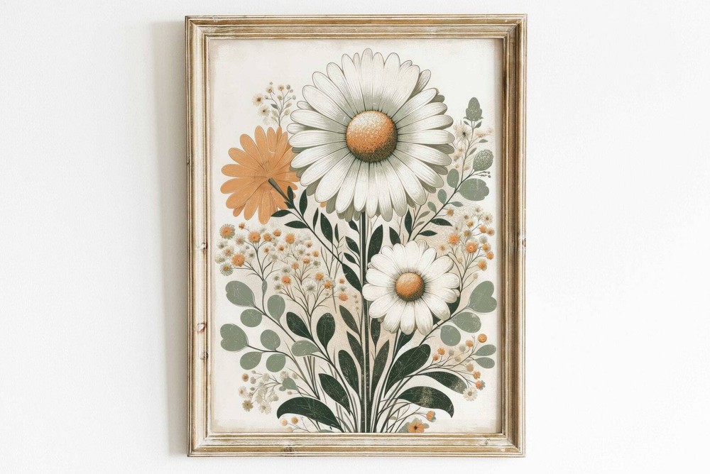 Daisy Flower Print Daisy Bouquet Print Wildflower Wall Art Daisy Painting