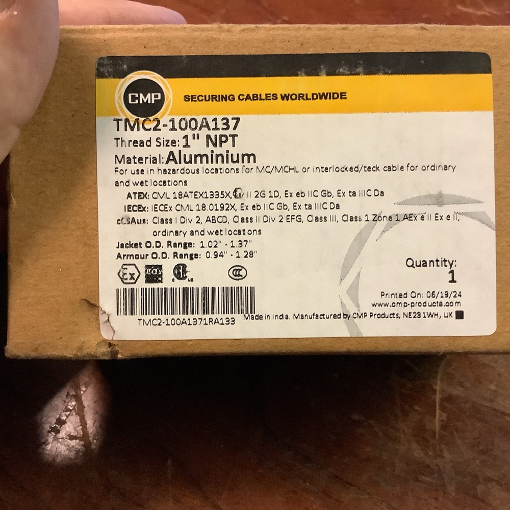 Appleton/CMP TMC2-100A137 1” NPT Aluminum Hazardous Location Cable Gland