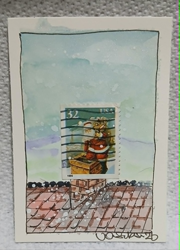 32¢ Santa by Chimney Postal Whimsy OOAK ACEO Loose Watercolor by Virginia