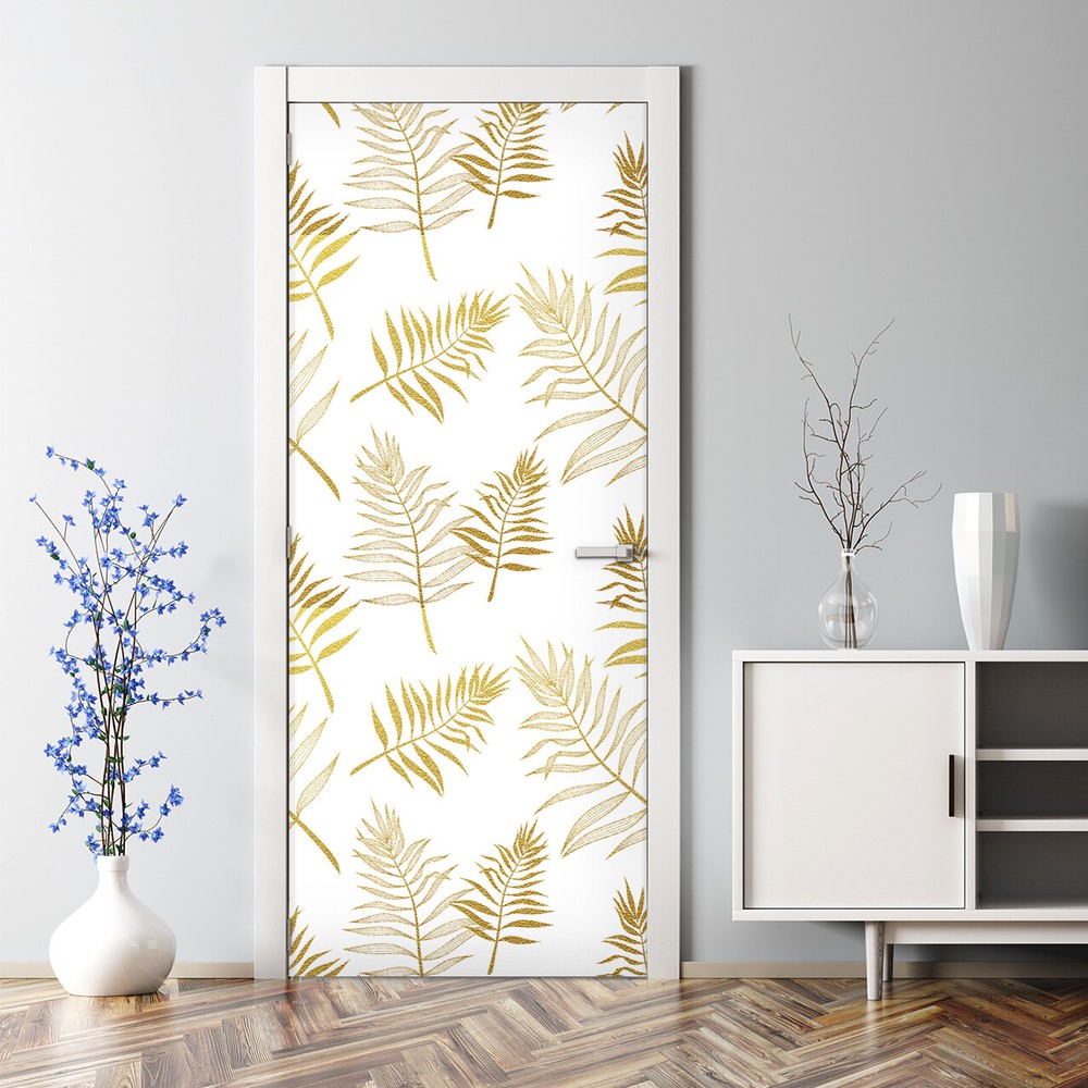 Elegant White and Gold Botanical Palm Leaf Bubble-Free Door Sticker  