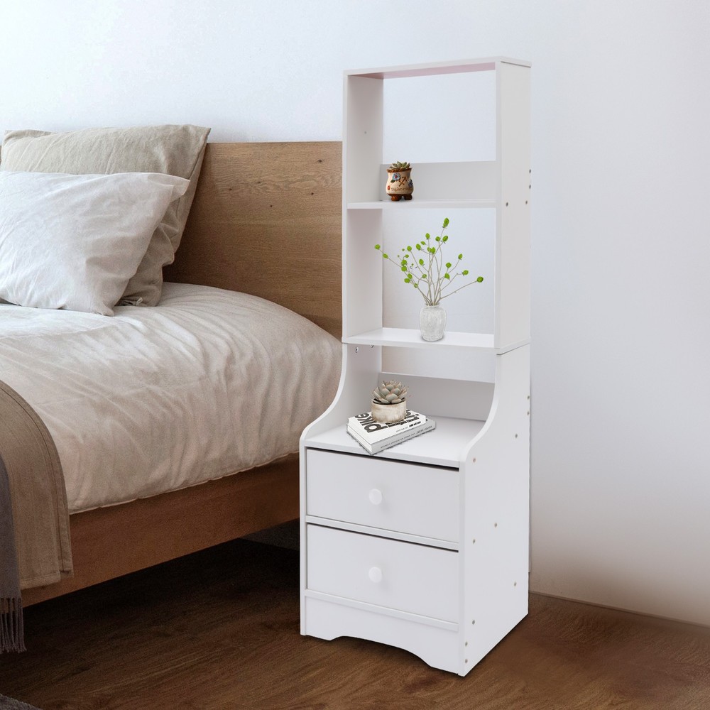 Modern White Nightstand Tall Bed End Table Bedroom Bedside Table with 2 Drawers