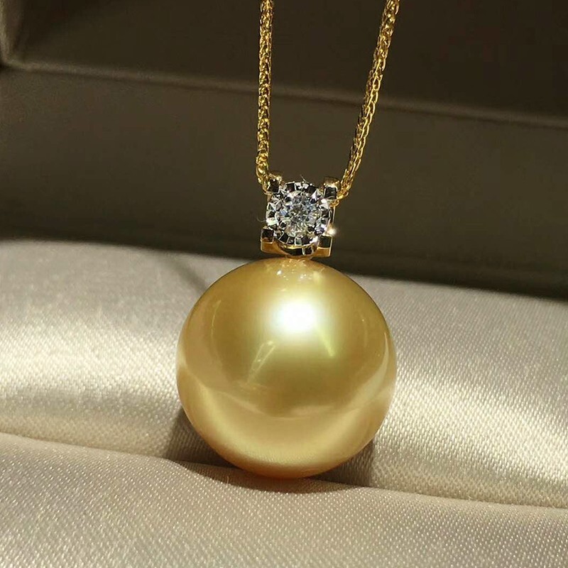 Natural 13mm South Sea Golden Pearl & 18K Gold Solitaire Pendant, Regal Jewelry
