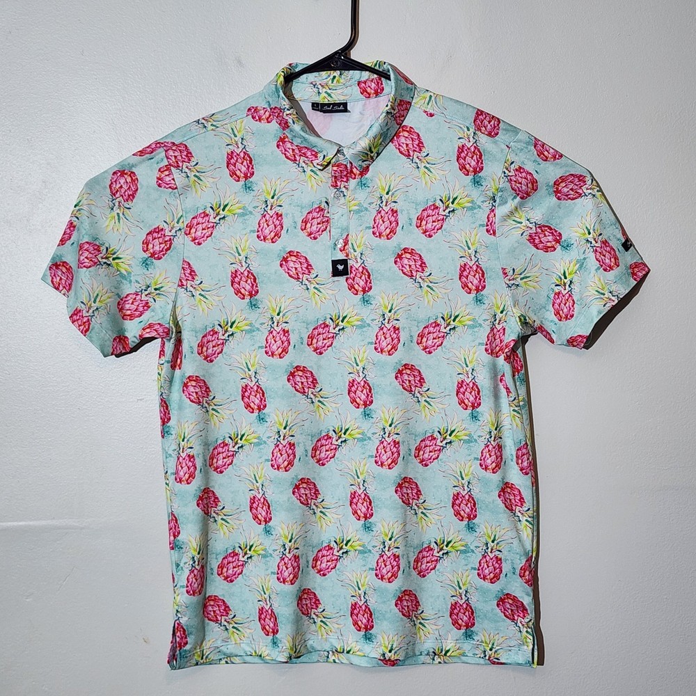 Bad Birdie Polo Shirt Mens Large Blue Short Sleeve Tropical Pineapples Golf