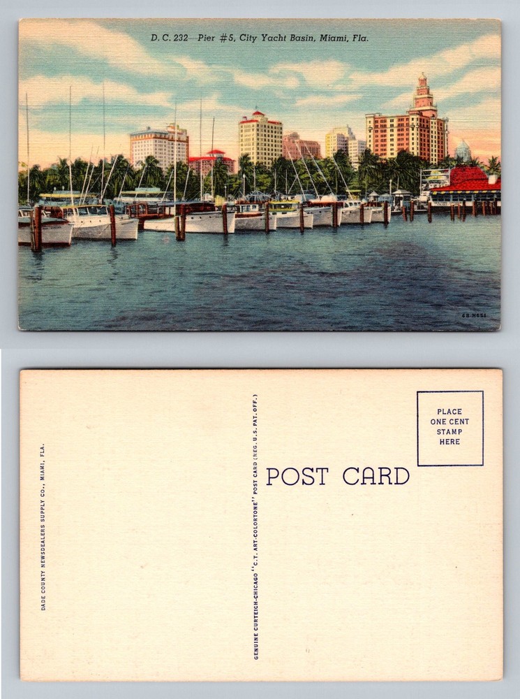 Miami, FL-Florida, Pier #5 City Yacht Basin Skyline Boats Vintage Postcard